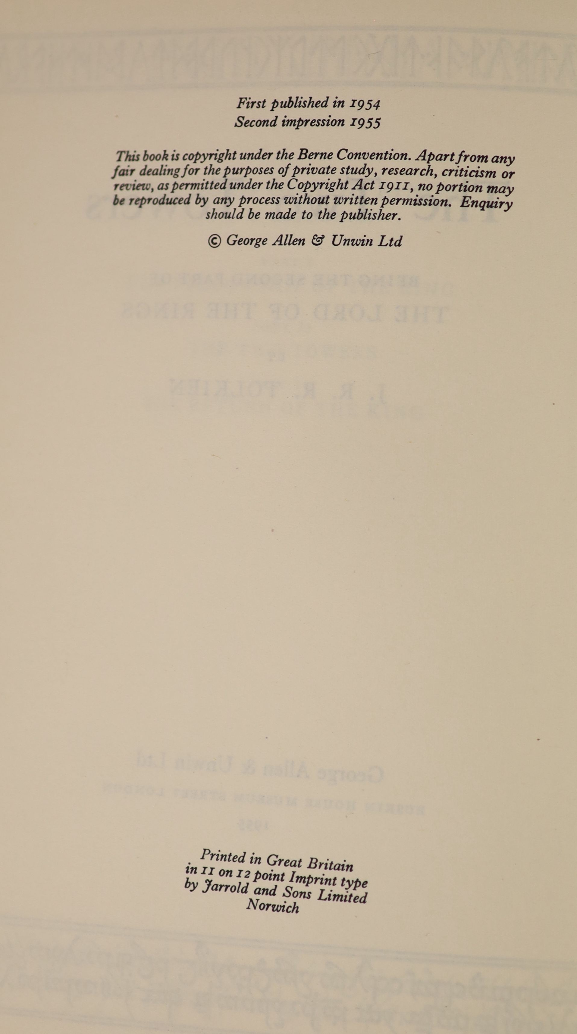 Tolkien, John Ronald Reuel - The Lord of the Rings, 1st editions, 2nd impressions of The Two Towers and The Return of the King, 1955, 4th impression of The Fellowship of the Ring, 1955, all original cloth, all with uncli